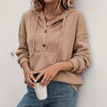 Ribbed Knit Button Placket Drawstring Hoodie - Khaki