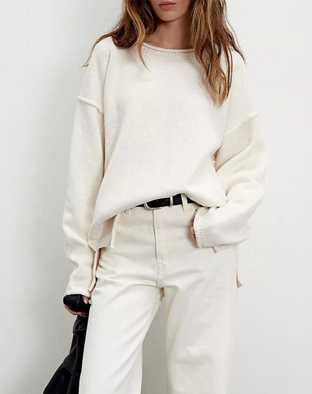 Oversized Drop Shoulder Pullover Sweater - Apricot