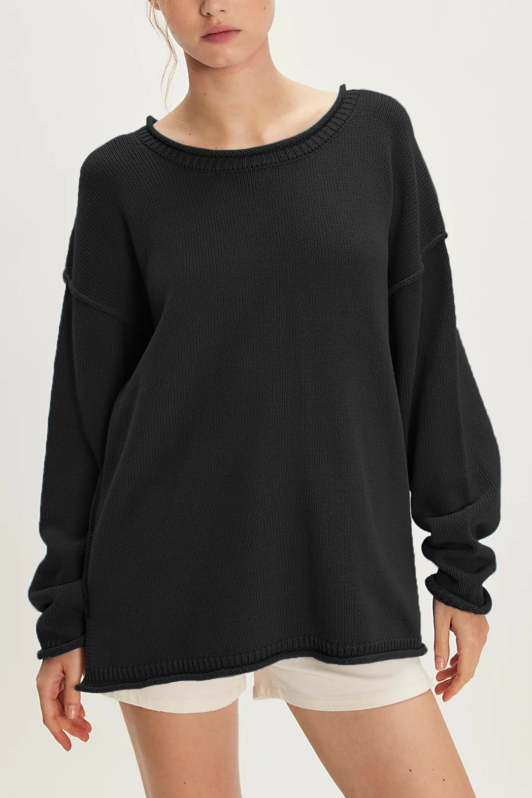 Oversized Drop Shoulder Pullover Sweater - Black