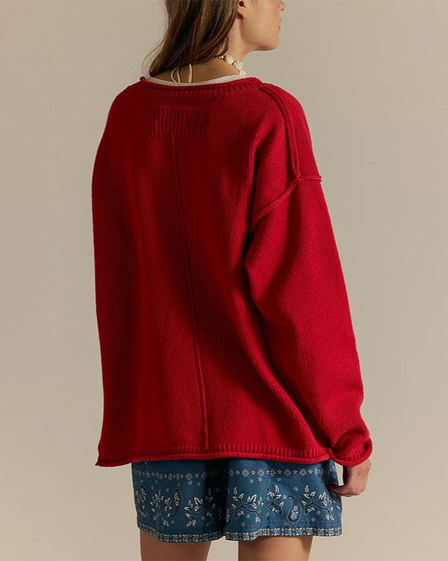 Oversized Drop Shoulder Pullover Sweater - Red