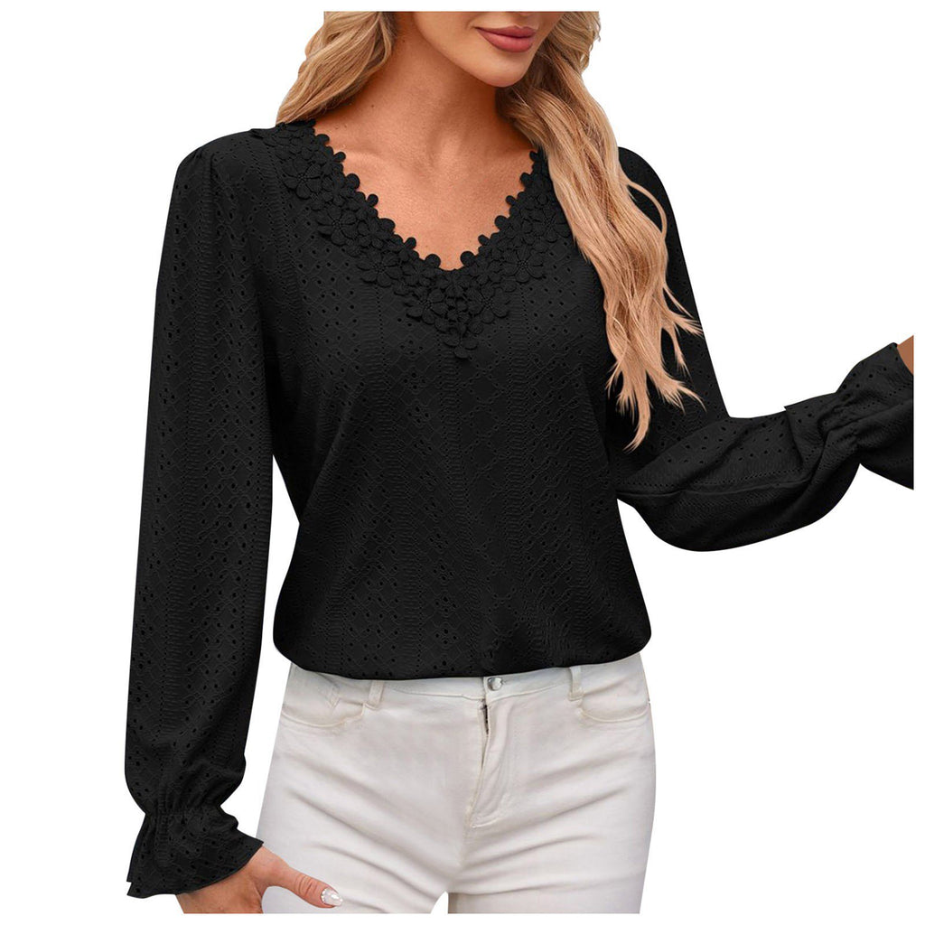 Scalloped Lace Eyelet Knit Long Sleeve Shirt - Black