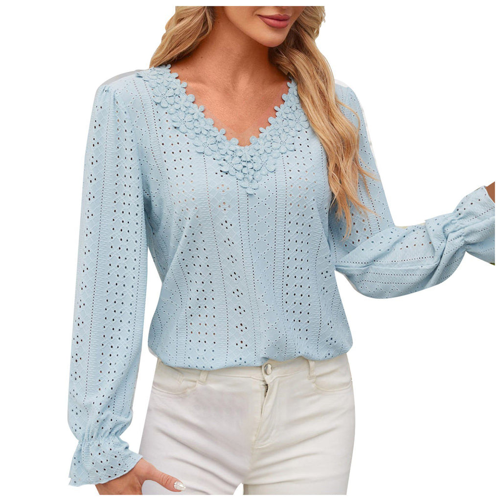 Scalloped Lace Eyelet Knit Long Sleeve Shirt - Blue