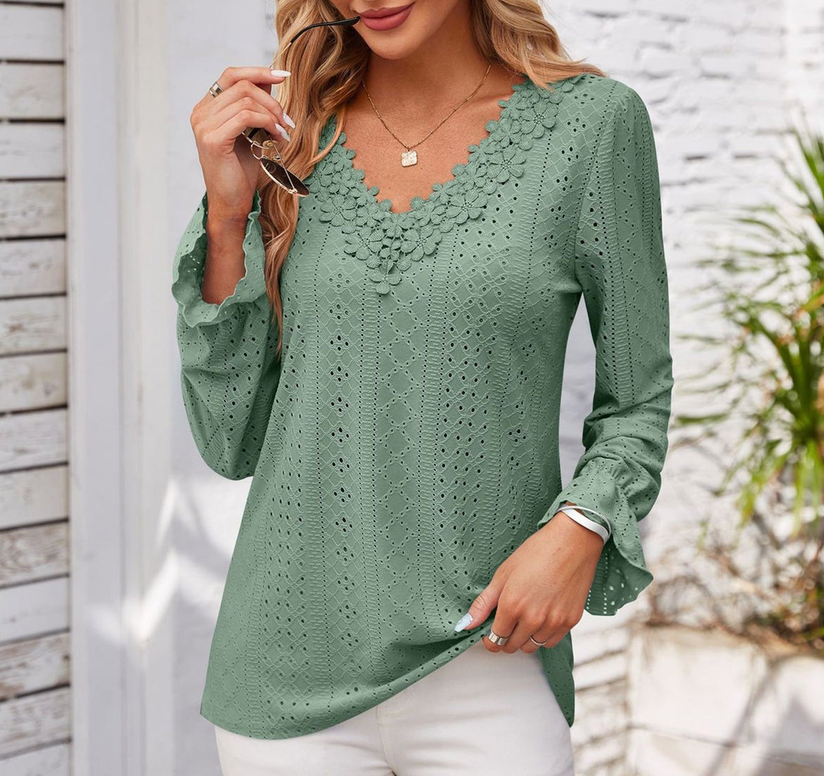 Scalloped Lace Eyelet Knit Long Sleeve Shirt - Peacock