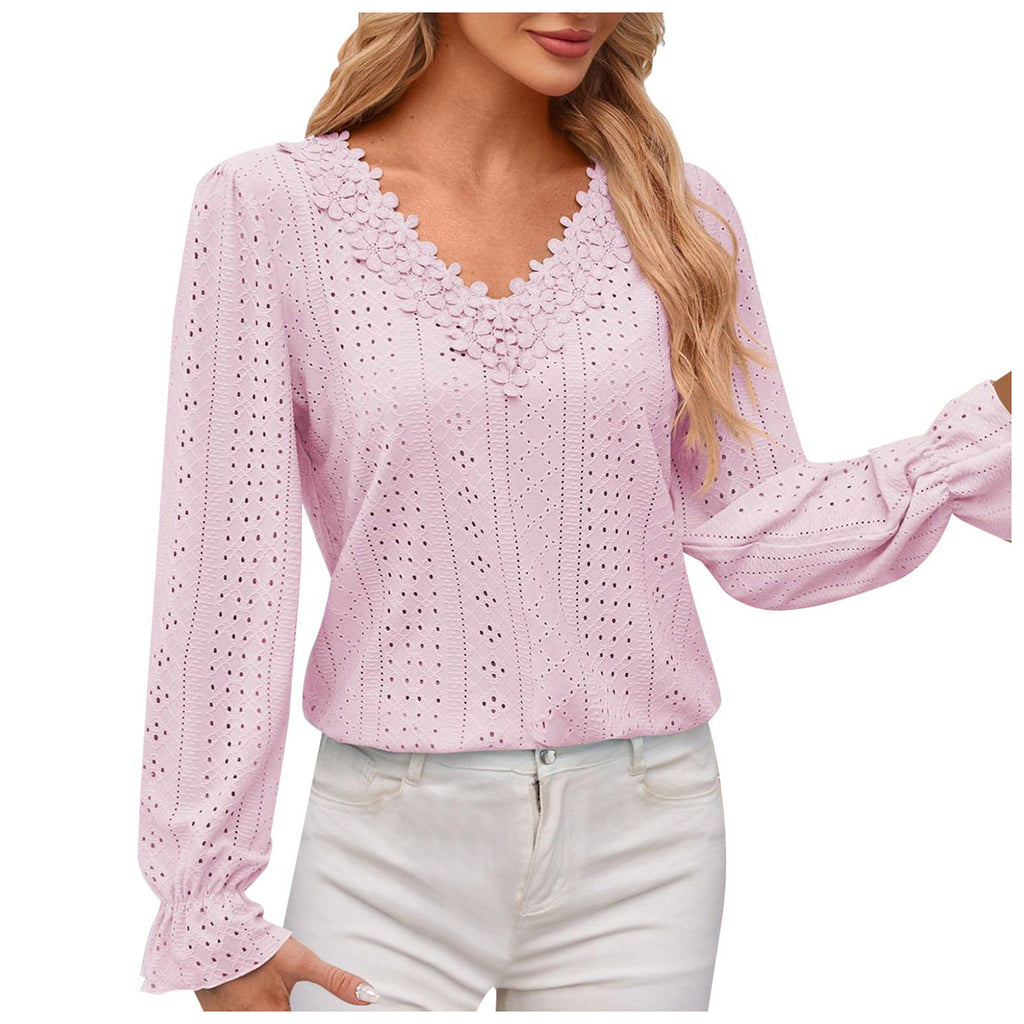 Scalloped Lace Eyelet Knit Long Sleeve Shirt - Pink