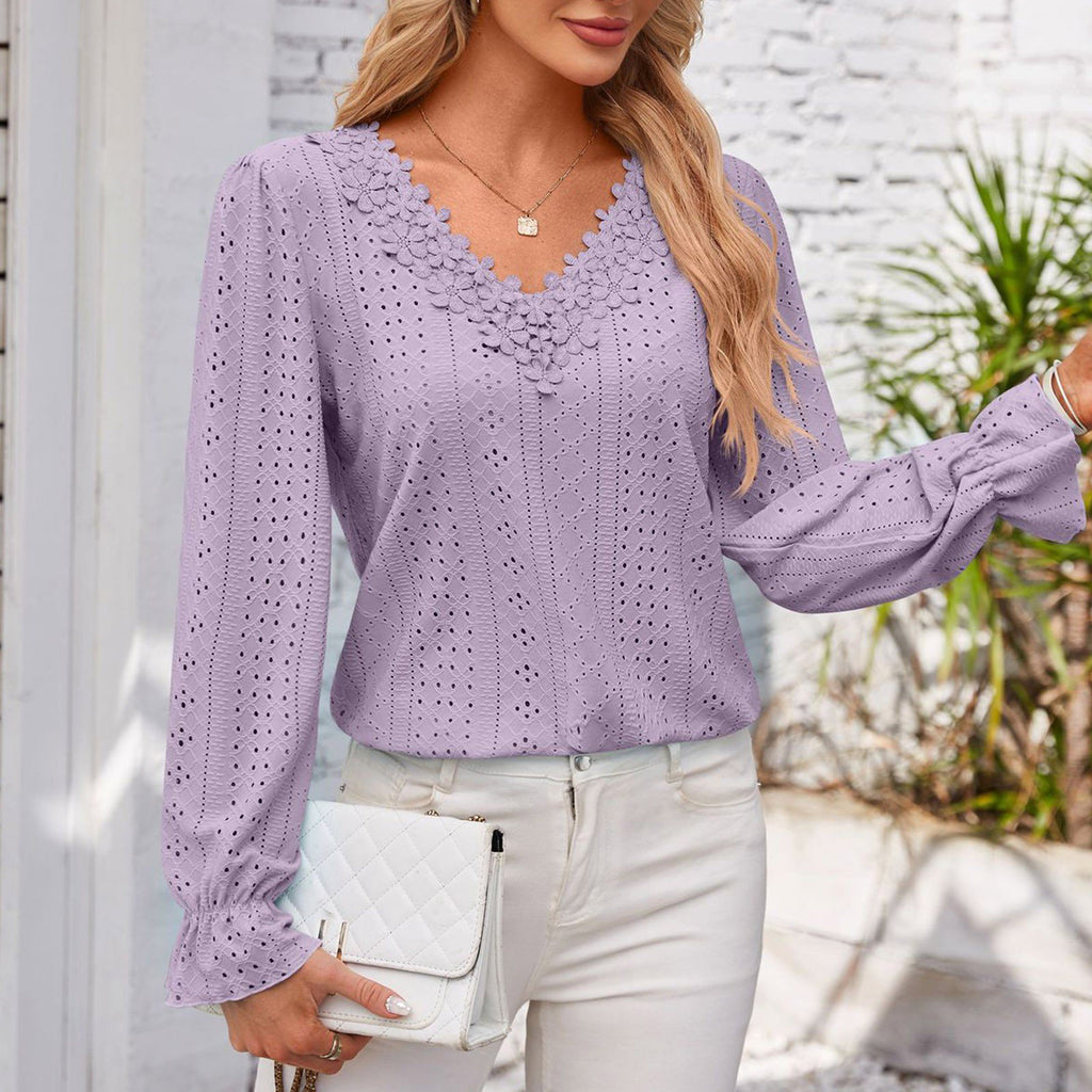 Scalloped Lace Eyelet Knit Long Sleeve Shirt - Purple