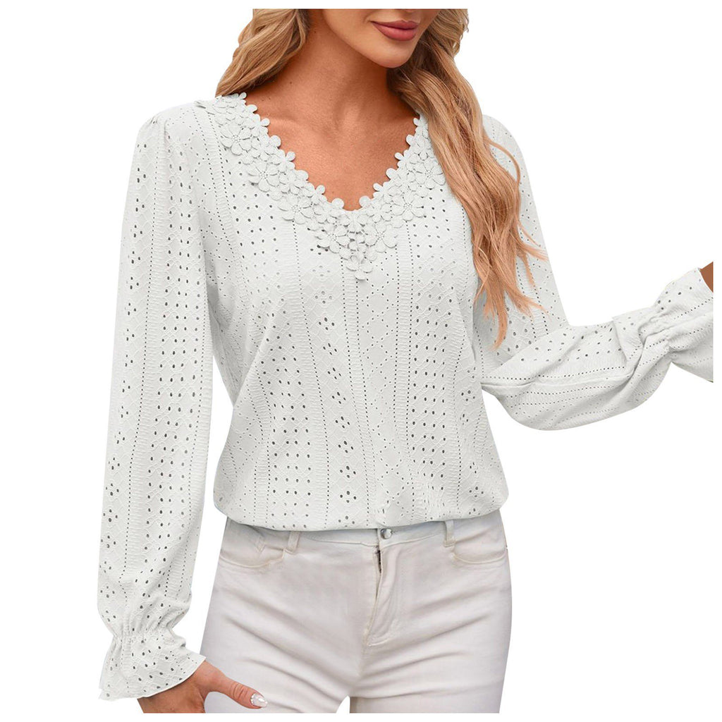 Scalloped Lace Eyelet Knit Long Sleeve Shirt - White