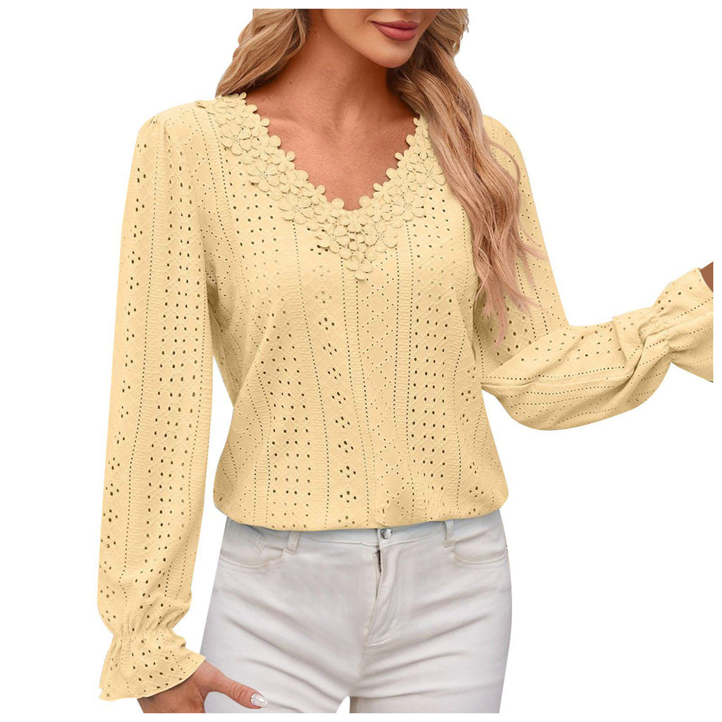 Scalloped Lace Eyelet Knit Long Sleeve Shirt - Yellow