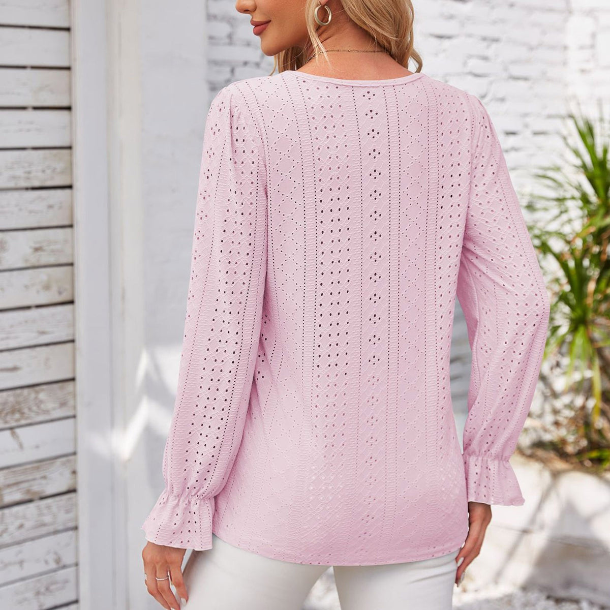 Scalloped Lace Eyelet Knit Long Sleeve Shirt