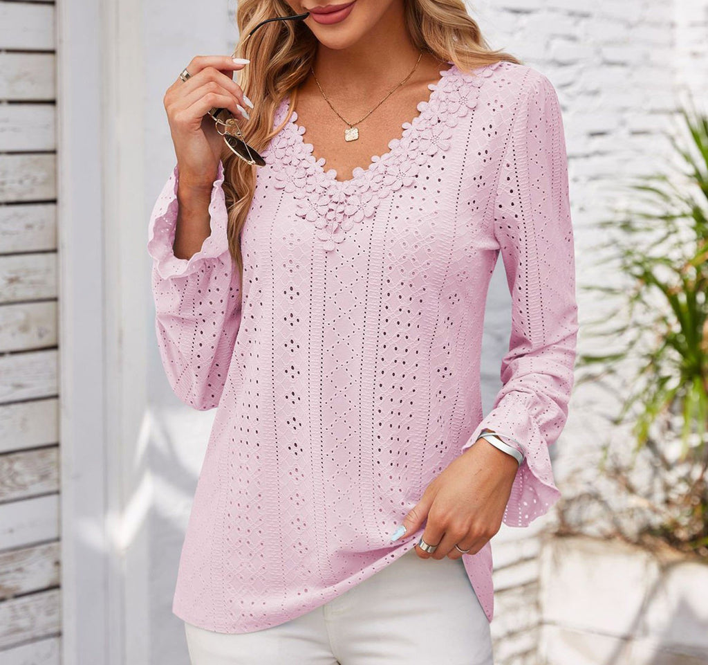 Scalloped Lace Eyelet Knit Long Sleeve Shirt - view 1