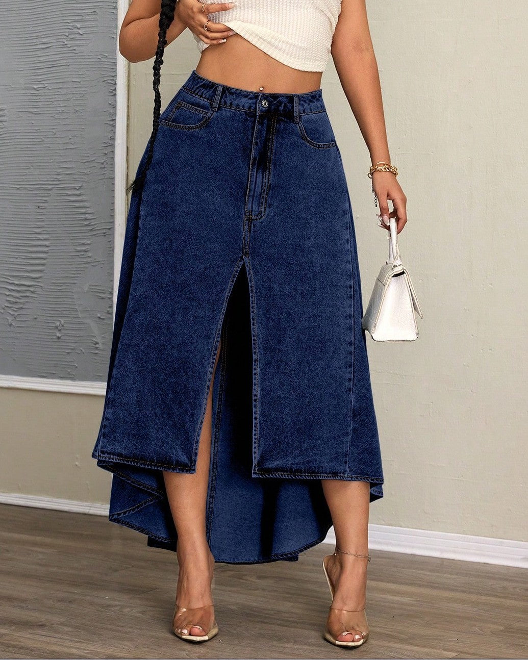 Front Split High Low Denim Maxi Skirt - Dark-Blue