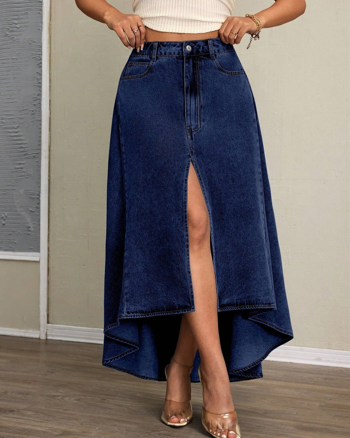 Front Split High Low Denim Maxi Skirt - Dark-Blue - 2