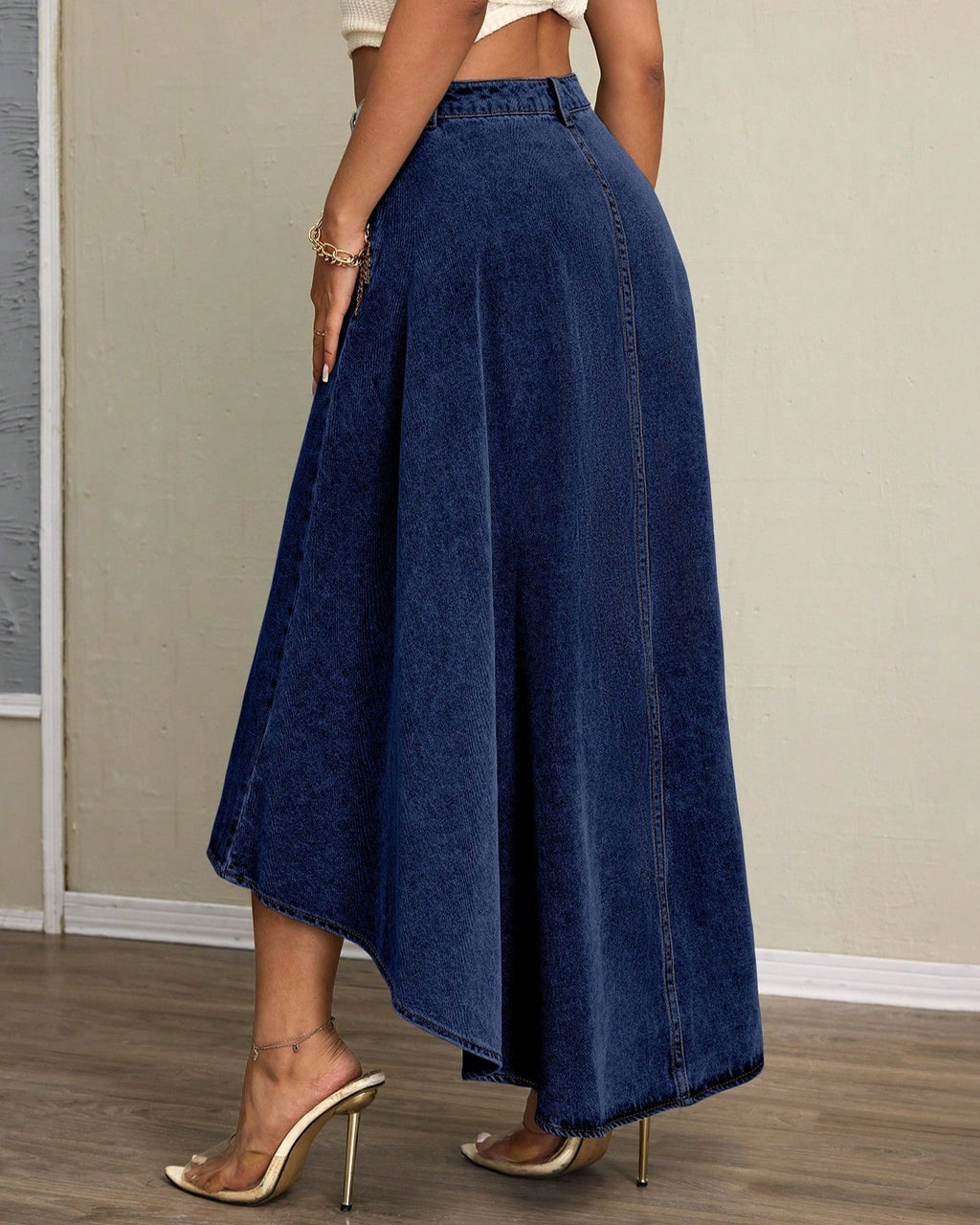 Front Split High Low Denim Maxi Skirt - Dark-Blue - 3