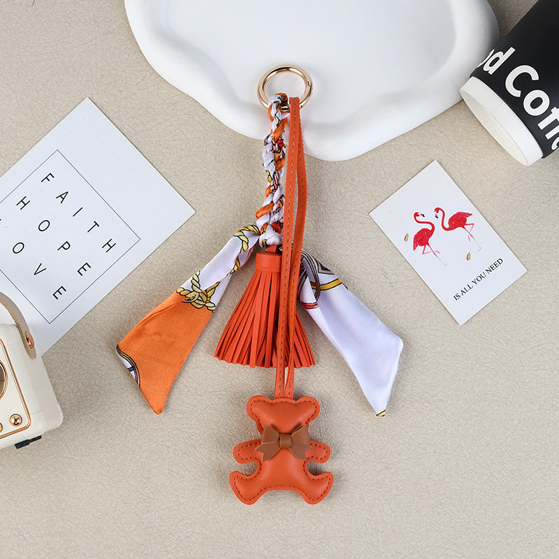 Teddy Bear Charm Keychain With Tassel - Orange