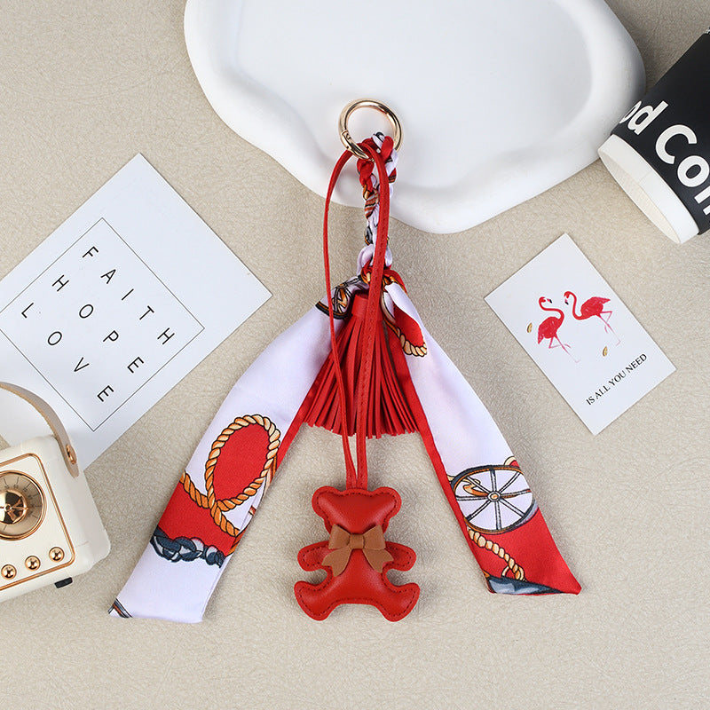 Teddy Bear Charm Keychain With Tassel - Red