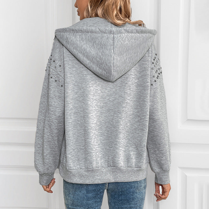 Studded Sleeve Zip Up Hooded Jacket - Grey - 7