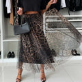 Sheer Tulle Animal Print Midi Skirt - Leopard