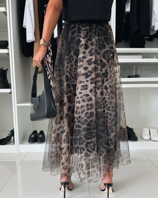 Sheer Tulle Animal Print Midi Skirt - Leopard - 2