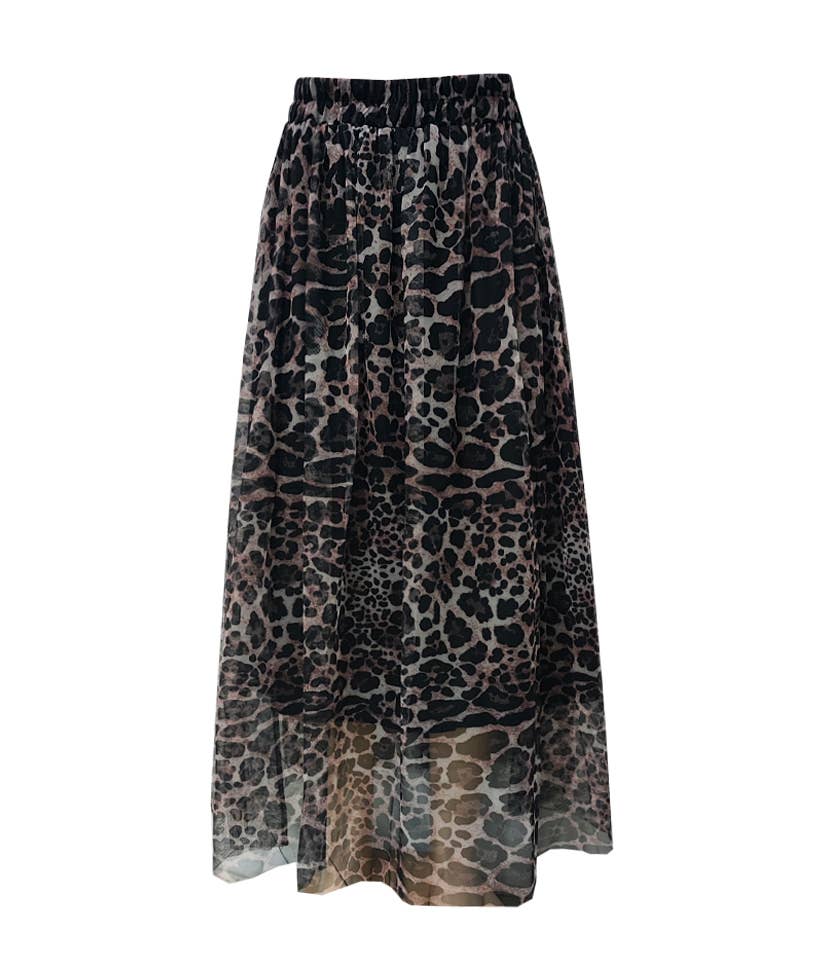 Sheer Tulle Animal Print Midi Skirt