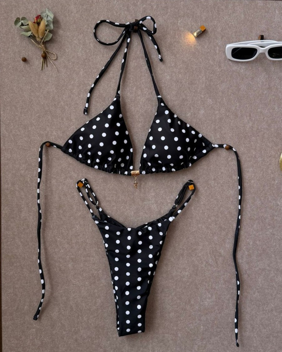 Retro Polka Dot Tie Side Bikini Set - Black