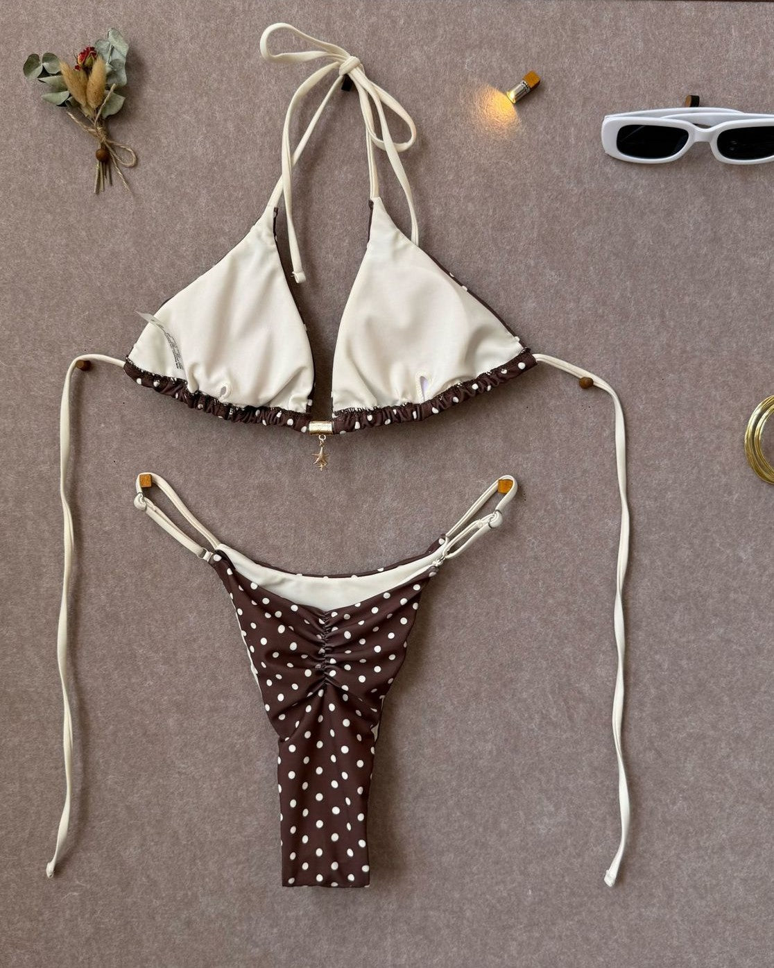 Retro Polka Dot Tie Side Bikini Set - Coffee - 1