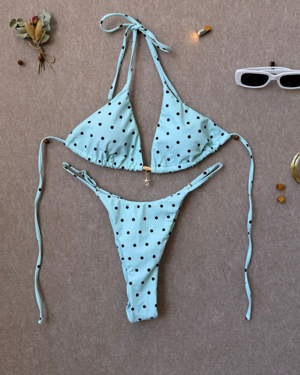Retro Polka Dot Tie Side Bikini Set - Light-Blue