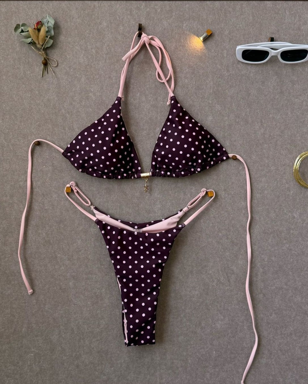 Retro Polka Dot Tie Side Bikini Set - Pink