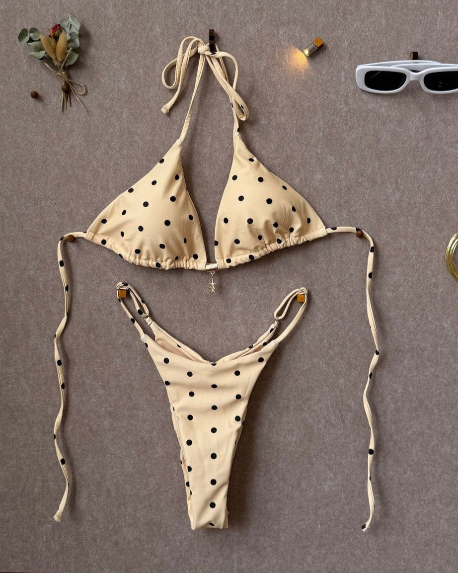 Retro Polka Dot Tie Side Bikini Set - Yellow