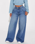 Raw Hem Baggy Washed Wide Leg Jeans - Blue