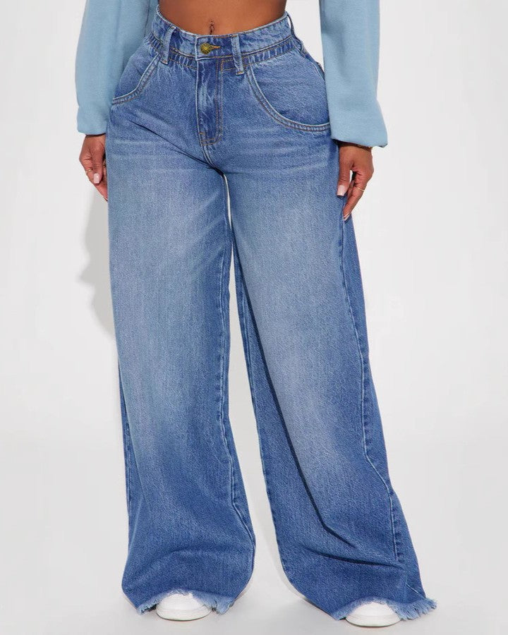 Raw Hem Baggy Washed Wide Leg Jeans - Blue - 1