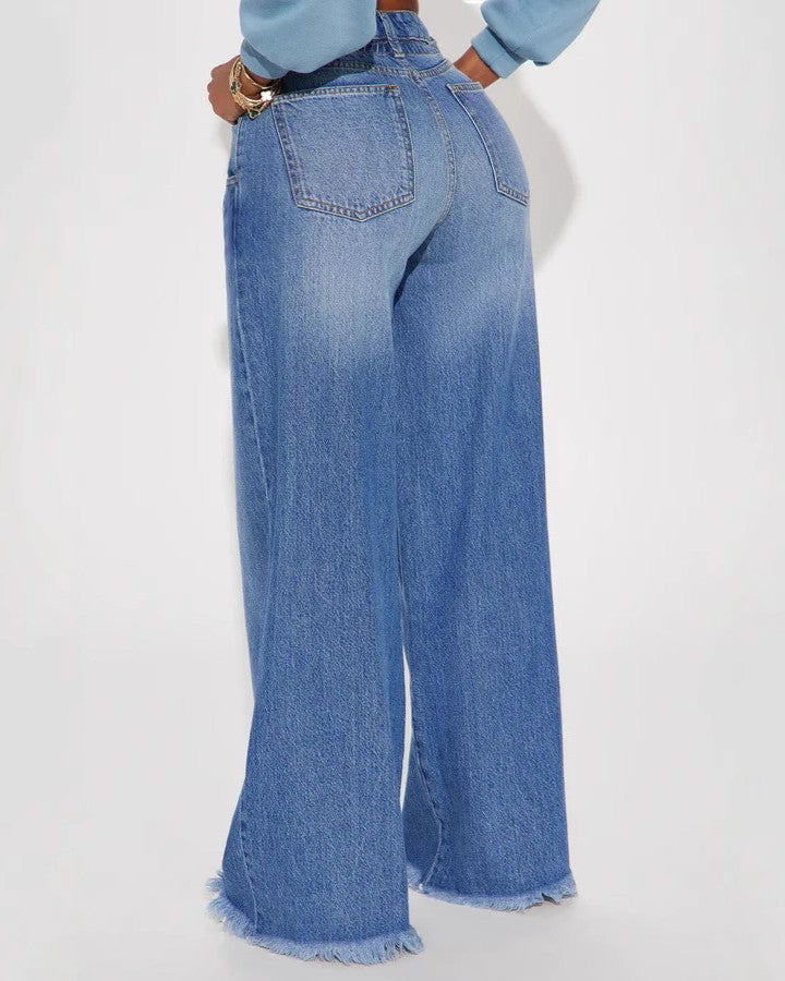 Raw Hem Baggy Washed Wide Leg Jeans - Blue - 2