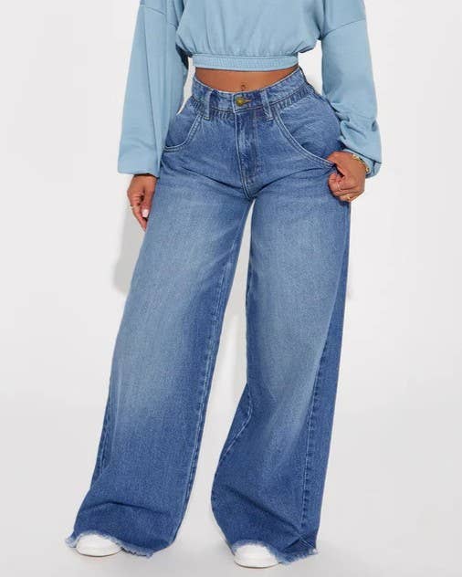 Raw Hem Baggy Washed Wide Leg Jeans