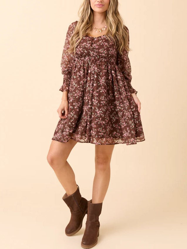 Ditsy Floral Square Neck Babydoll Dress - Brown