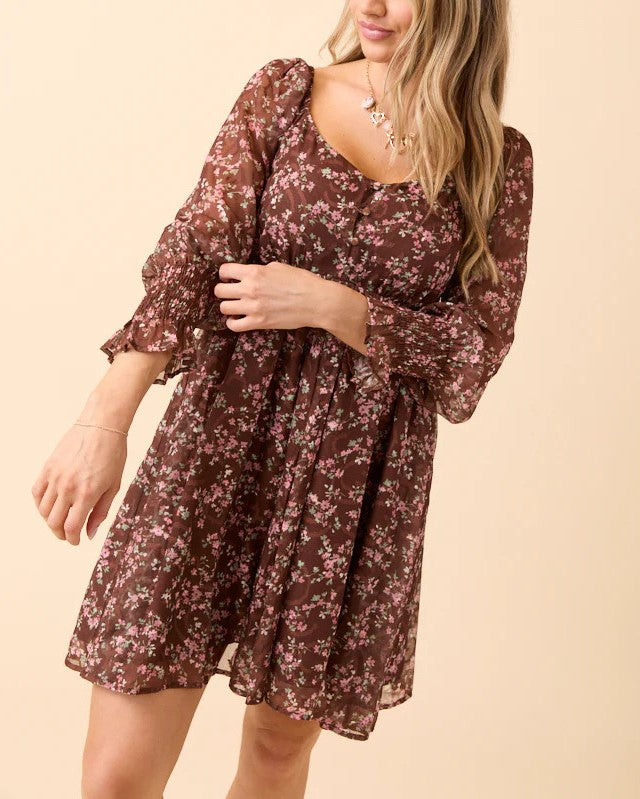 Ditsy Floral Square Neck Babydoll Dress - Brown - 1