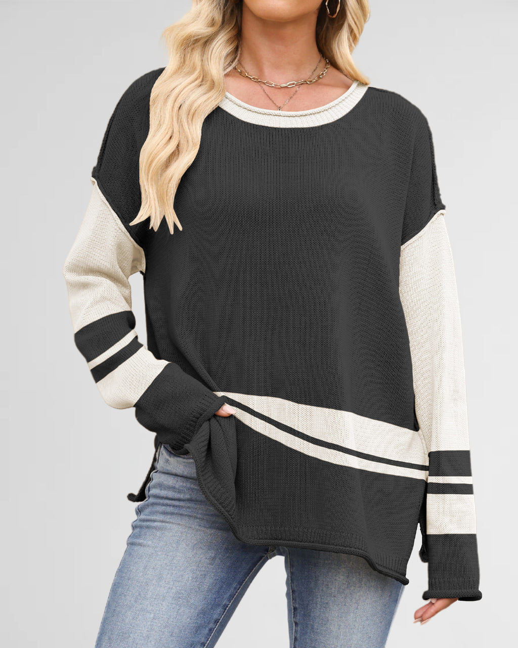 Varsity Stripe Contrast Oversized Knit Sweater - Black
