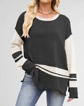 Varsity Stripe Contrast Oversized Knit Sweater - Black