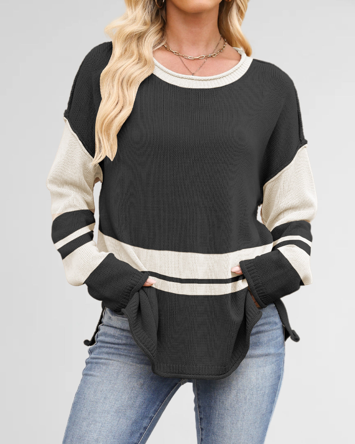 Varsity Stripe Contrast Oversized Knit Sweater - Black - 1