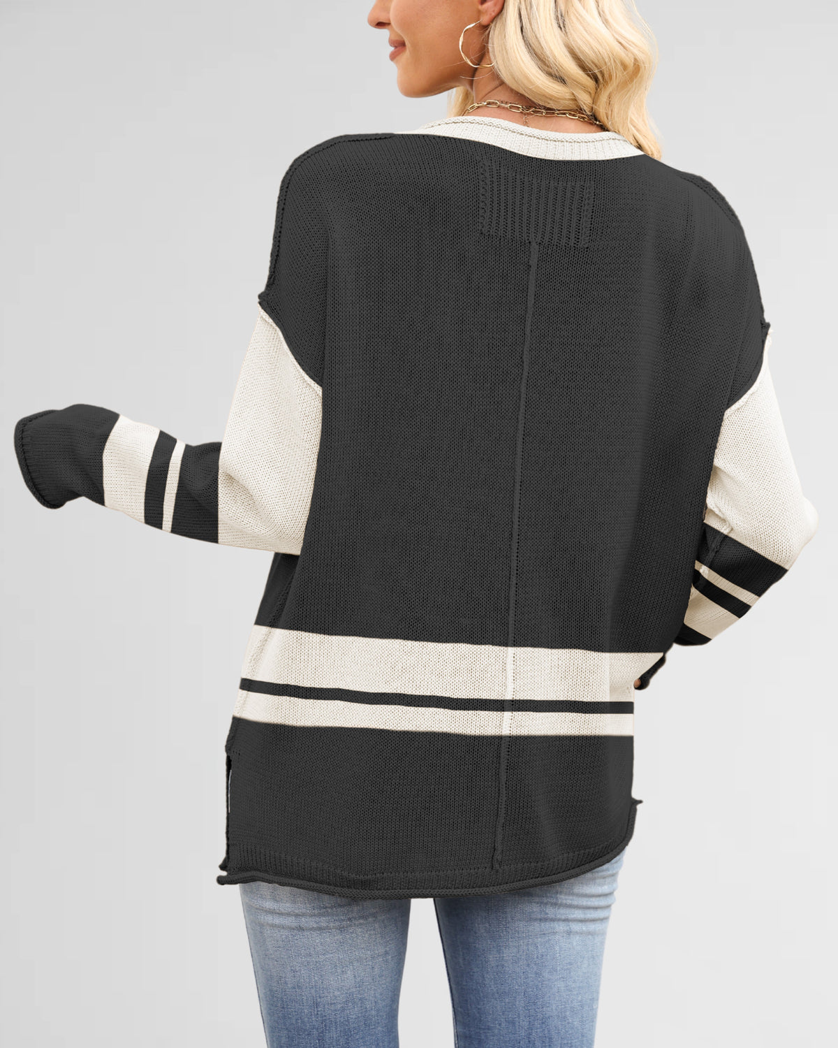 Varsity Stripe Contrast Oversized Knit Sweater - Black - 2