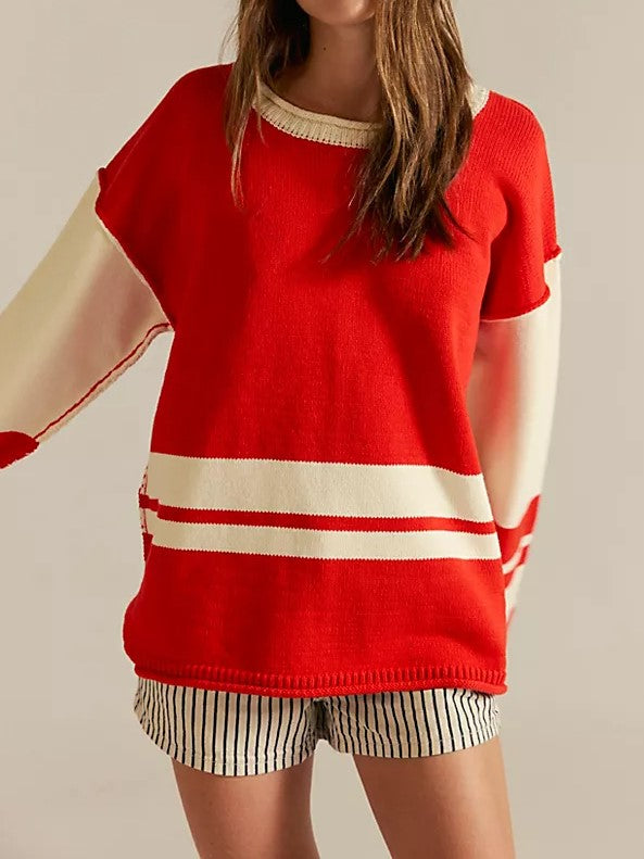 Varsity Stripe Contrast Oversized Knit Sweater - Red