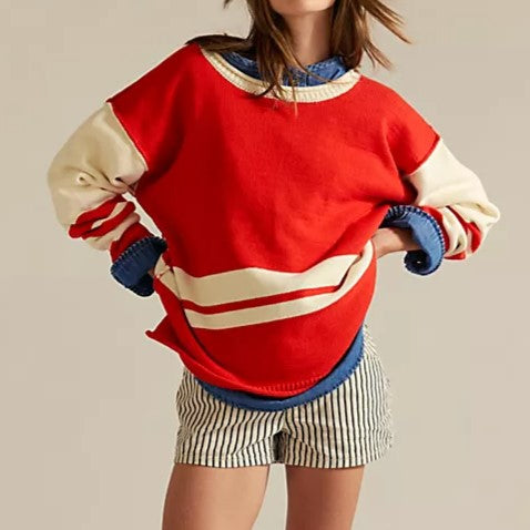 Varsity Stripe Contrast Oversized Knit Sweater - Red - 1