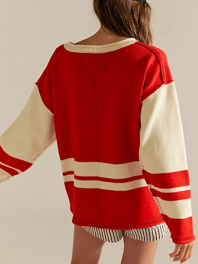 Varsity Stripe Contrast Oversized Knit Sweater - Red - 2