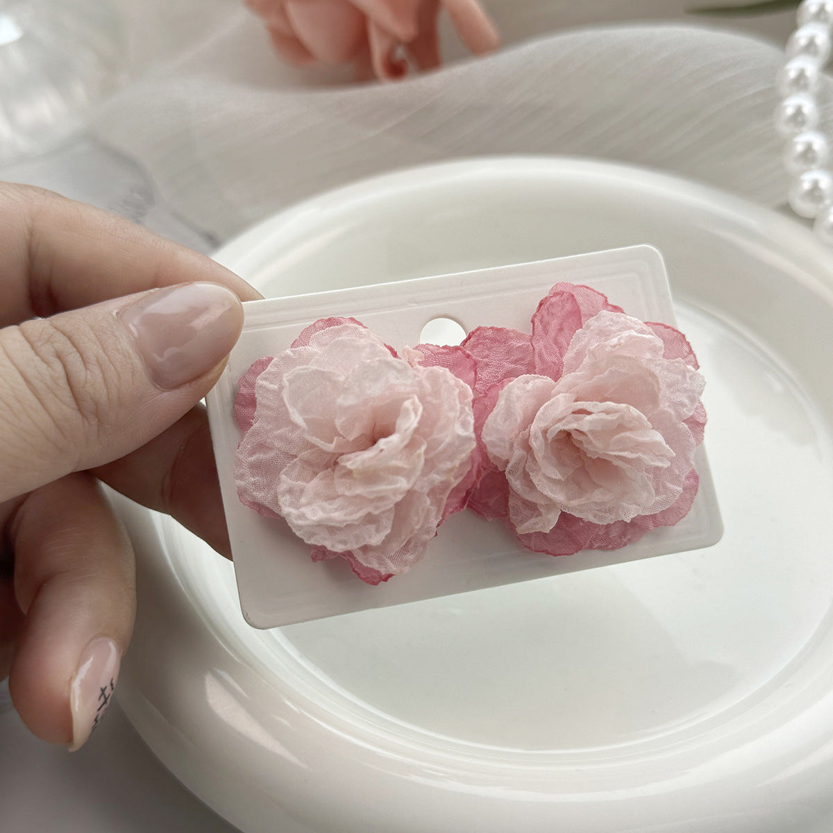 Sheer Organza Camellia Stud Earrings - Pink - 2