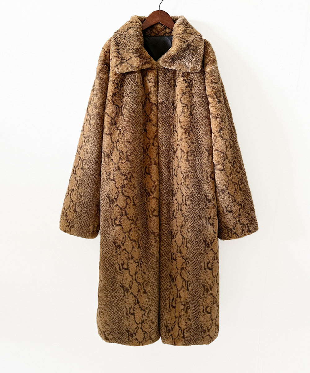 Animal Print Longline Faux Fur Coat - Brown