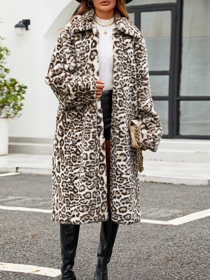 Animal Print Longline Faux Fur Coat - White