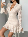Sheer Lace Ruffle Hem Mini Dress - Apricot