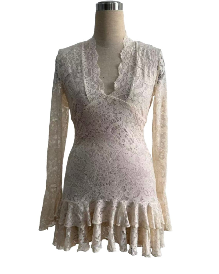 Sheer Lace Ruffle Hem Mini Dress - Apricot - 4