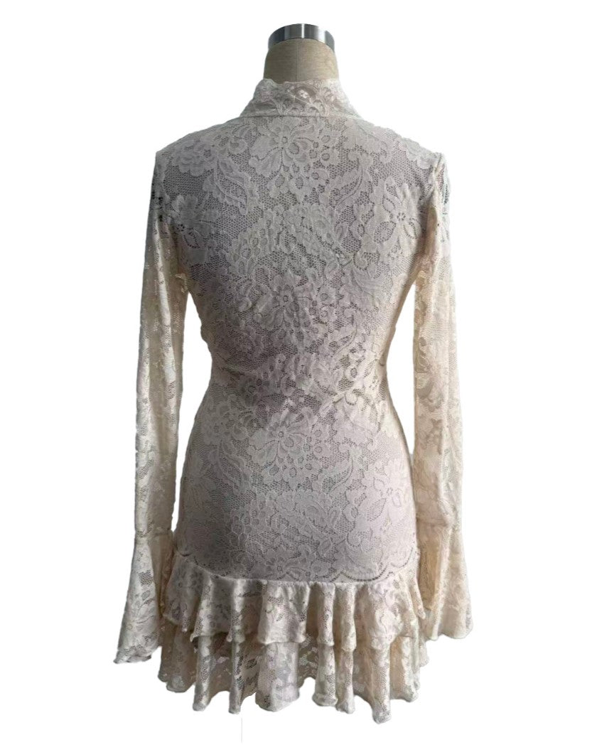Sheer Lace Ruffle Hem Mini Dress - Apricot - 5