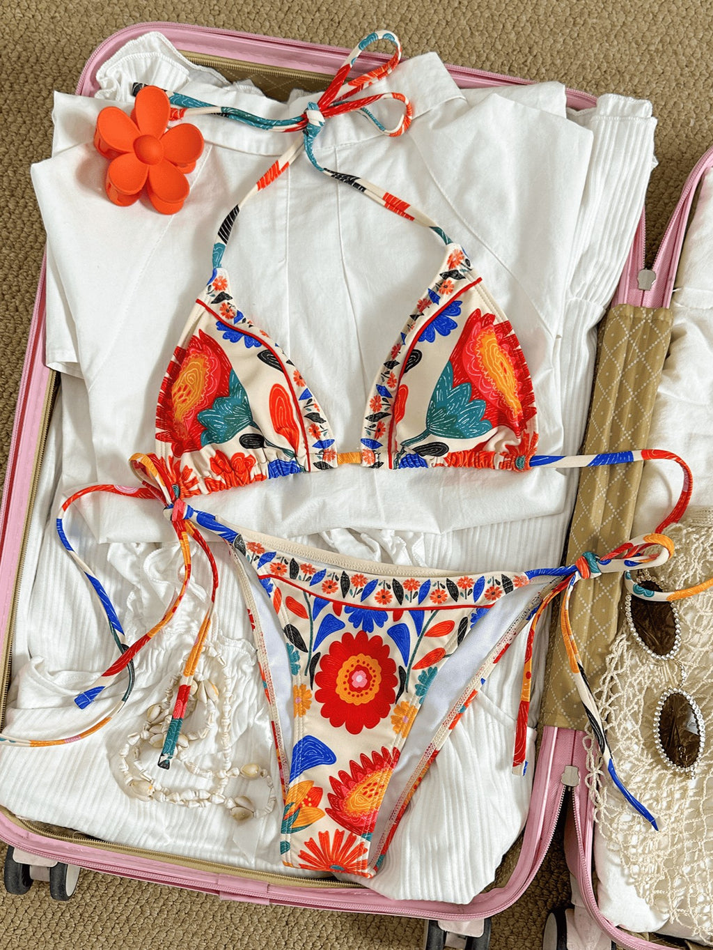 Boho Medallion Print String Bikini Set - Floral