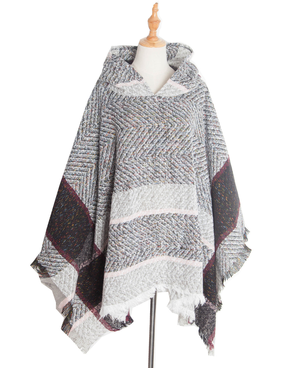 Herringbone Colorblock Hooded Fringe Poncho - white/gray