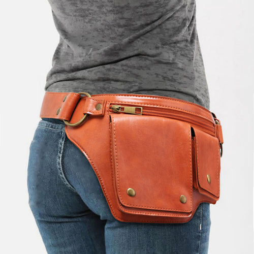 Adjustable Faux-Leather Western Belt Bag with Studs - Brown