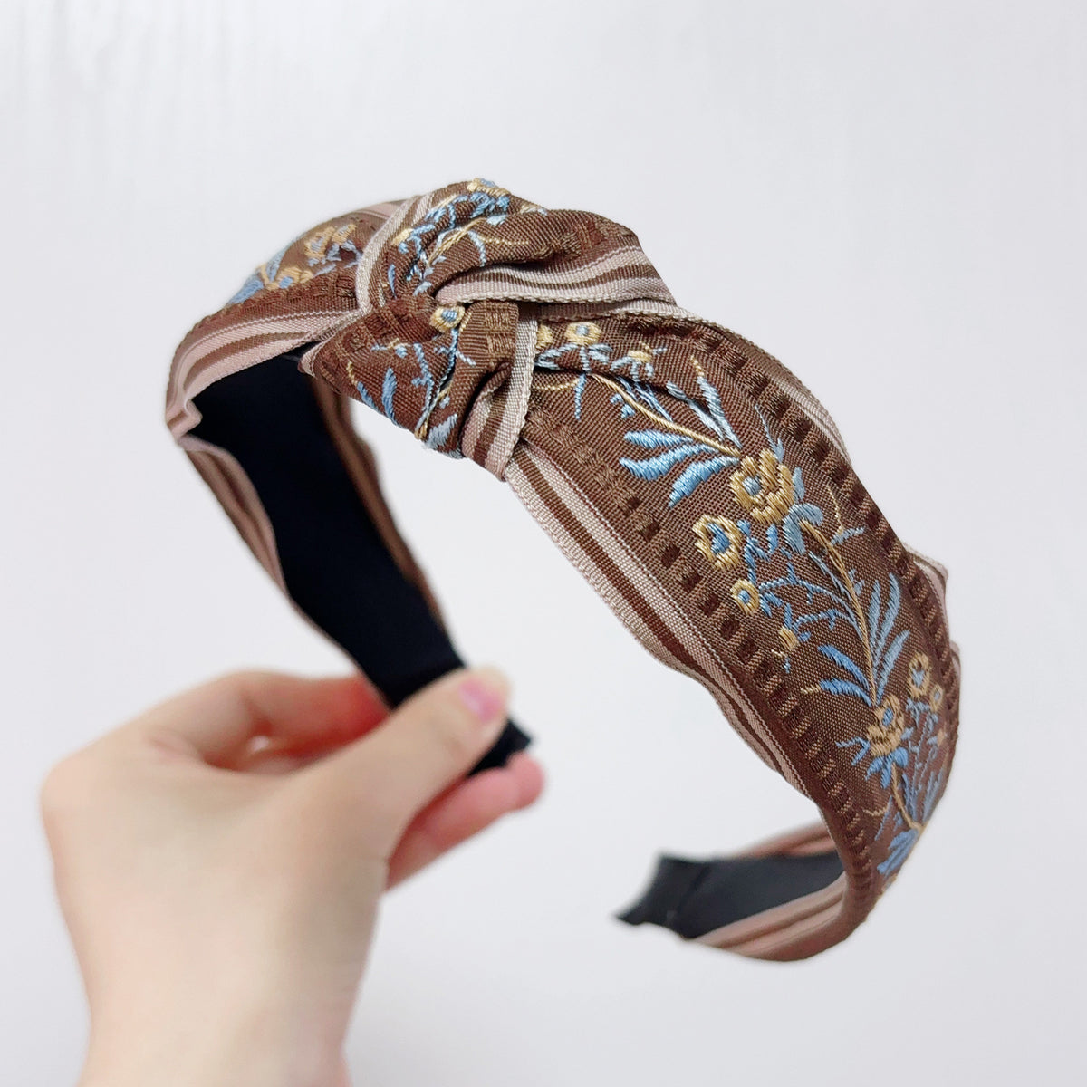 Cottagecore Floral-Embroidered Wide Knot Hair Headband - Coffee Knot